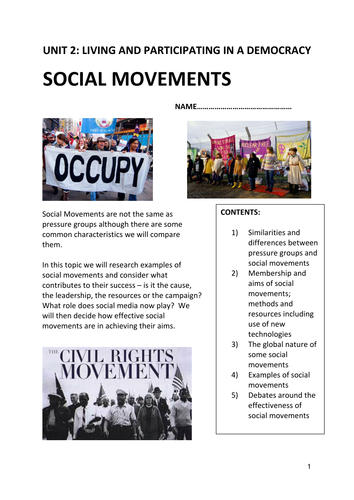 WJEC AS Government and Politics 2017 specification topic Social Movements