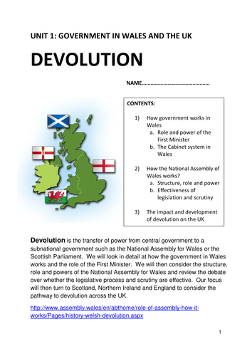 WJEC AS Government and Politics 2017 specification Unit 1 topic Devolution in the UK
