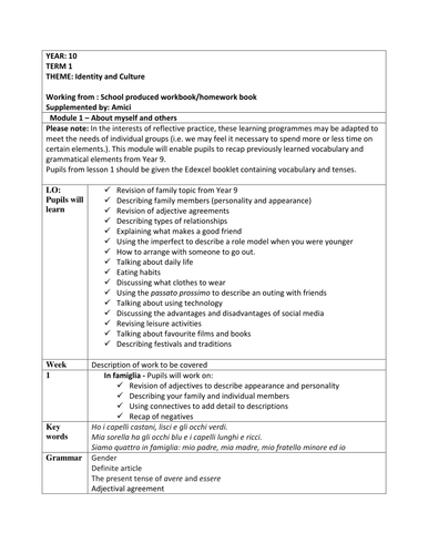 Y10 Italian Scheme of Learning for the New Spec