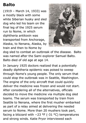Balto, the Dog Who Saved Nome Handout