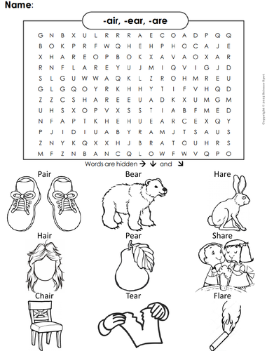 R Controlled Vowel: air, ear, are Phonics Word Search