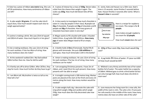 Measure worded problems- Year 3