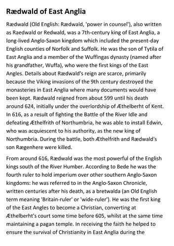 King Raedwald - Sutton Hoo (Anglo-Saxons) Handout