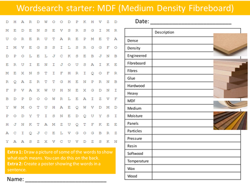 Design Technology MDF Resistant Materials Starter Activities Wordsearch, Anagrams Crossword Cover