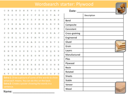 Design Technology Plywood Resistant Materials Starter Activities Wordsearch Anagrams Crossword Cover