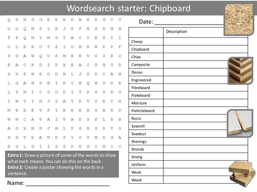 Design Technology Chipboard Resistant Materials Starter Activities Wordsearch, Anagrams Crossword