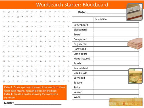 Design Technology Blockboard Resistant Materials Starter Activities Wordsearch, Anagrams Crossword