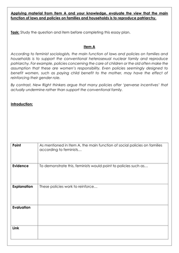 A-Level Sociology - Families and Social Policy Essay Plan
