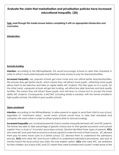A-Level Sociology - Marketisation and Privatisation Essay Activity