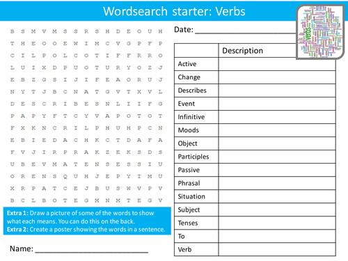 English Language Verbs Keyword Wordsearch Crossword Anagrams Brainstormer Starters Cover Homework