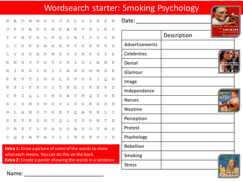 Smoking Psychology Quit PHSE Keyword Starters Wordsearch Crossword Homework Cover Lesson PHSEE