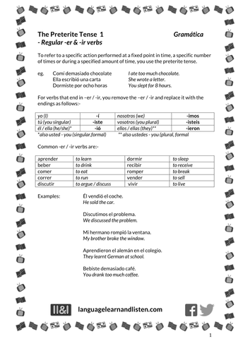 preterite tense regular er and ir verbs teaching resources