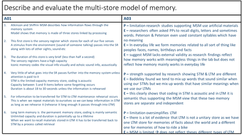 AQA AS Psychology Memory revision sheets
