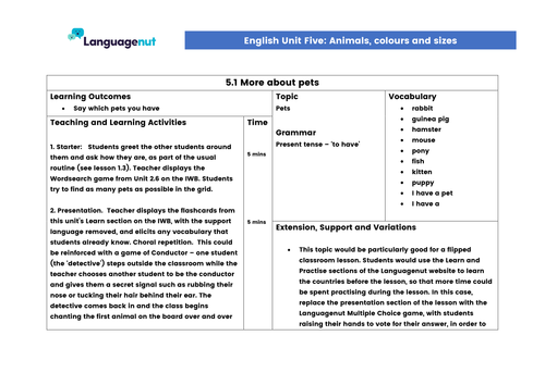 Languagenut Lesson Plans & Resources - English / General - Unit 5 - Animals, colours and sizes