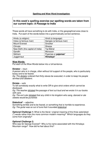 India Topic Words and Spelling Activity