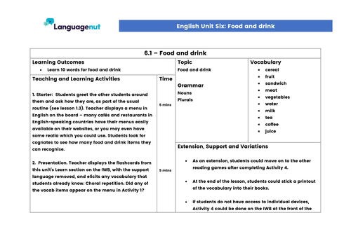 Languagenut Lesson Plans & Resources - English/ General - Unit 6 - Food and drink