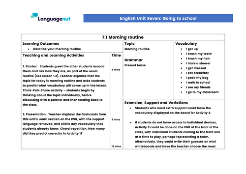 Languagenut Lesson Plans & Resources - English / General - Unit 7 - Going to school