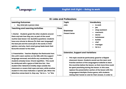 Languagenut Lesson Plans & Resources - English / General - Unit 8 - Going to work