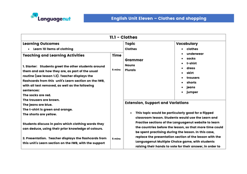 Languagenut Lesson Plans & Resources - English / General - Unit 11 - Clothes and Shopping