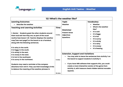 Languagenut Lesson Plans & Resources - English / General - Unit 12 - Weather