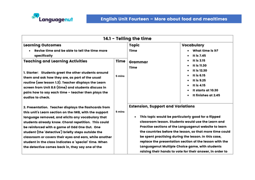 Languagenut Lesson Plans & Resources - English / General - Unit 14 - More about food and mealtimes