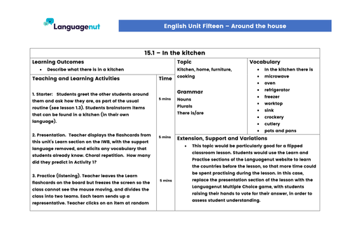Languagenut Lesson Plans & Resources - English / General - Unit 15 - Around the house