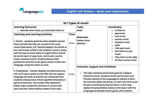 Languagenut Lesson Plans & Resources - English / General - Unit 16 - Music and celebrations