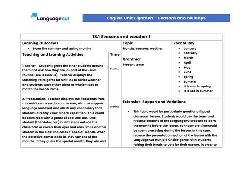 Languagenut Lesson Plans & Resources - English / General - Unit 18 - Seasons and holidays
