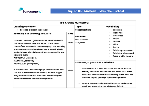 Languagenut Lesson Plans & Resources - English / General - Unit 19 - More about school