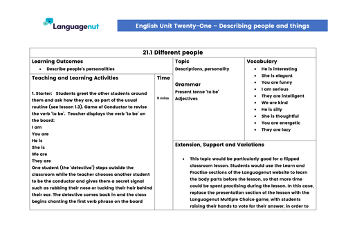 Languagenut Lesson Plans & Resources - English / General - Unit 21 - Describing people and things