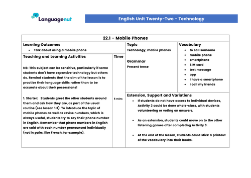 Languagenut Lesson Plans and Resources - English / General - Unit 22 - Technology