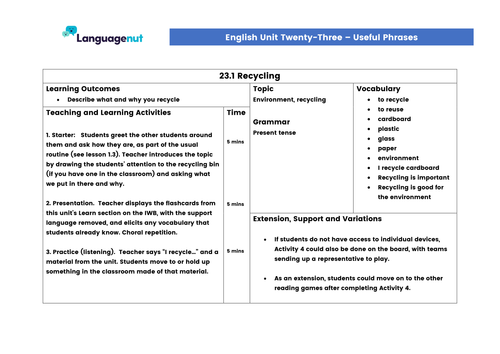 Languagenut Lesson Plans & Resources - English / General - Unit 23 - The environment