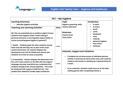 Languagenut Lesson Plans & Resources - English / General - Unit 24 - Hygiene and Healthcare