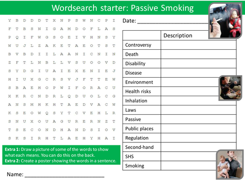 Smoking Passive Quit PHSE Keyword Starters Wordsearch Crossword Homework Cover Lesson PHSEE