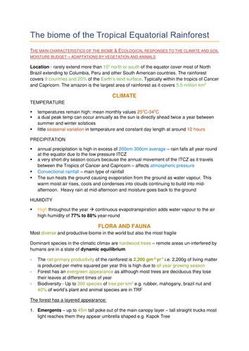 Tropical Equatorial Rainforest handout A level