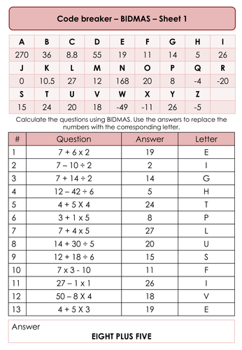 Code Breaker - Maths Mathematics - BIDMAS / BODMAS - 5 differentiated