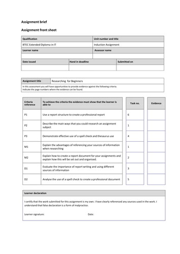 BTEC Induction Introduction to Research Assignment