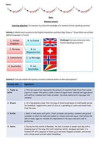 Mystery French-Speaking Country Cultural Lesson + Worksheet (Morocco)