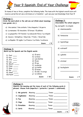 Year 9 Spanish: End of Year Challenge Sheet