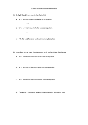 Forming and solving one step equations starter