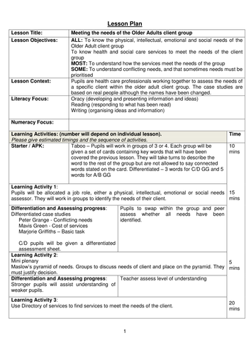 Health and Social Care - care needs of older adult life stage