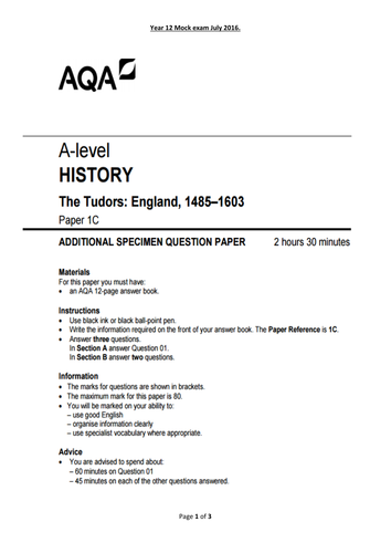 AQA A Level The Tudors mock exam