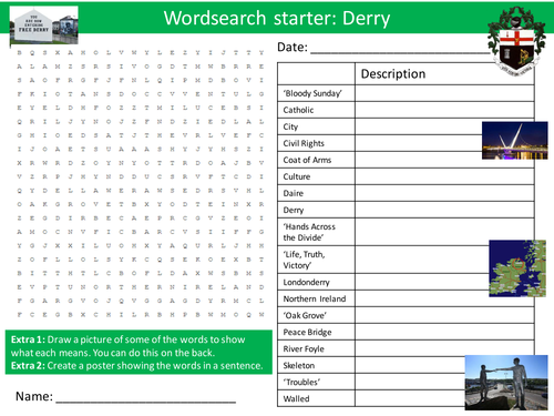 UK County Derry Londonderry KS3 GCSE Wordsearch Crossword Alphabet Keyword Starter Cover Lesson