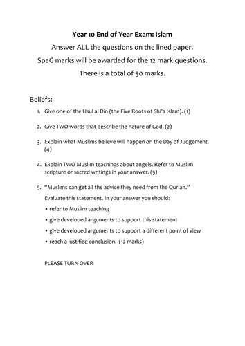 End of Year 10 Islam Beliefs and Practices Assessment