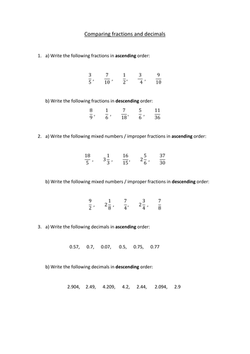 Comparing Fractions And Decimals Teaching Resources