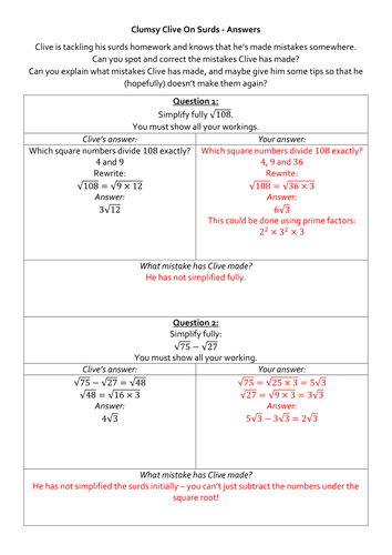 Clumsy Clive On Surds