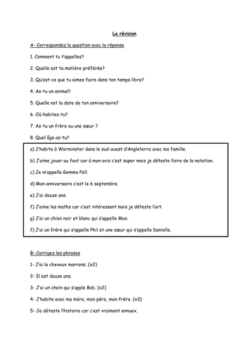 year 7 french questions revision teaching resources