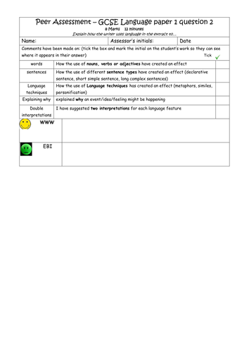 Peer assessment grid for the new AQA GCSE English Language paper 1