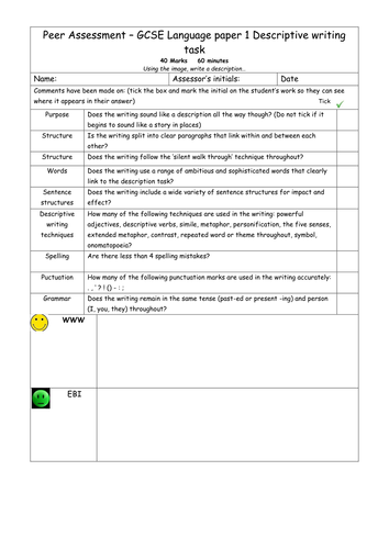 Peer assessment grid for the new AQA GCSE English Language descriptive writing task
