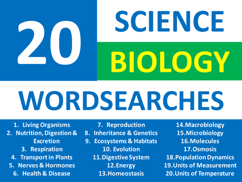 20 Wordsearches Science Biology Starter Homework Filler Cover Lesson Activities Homework